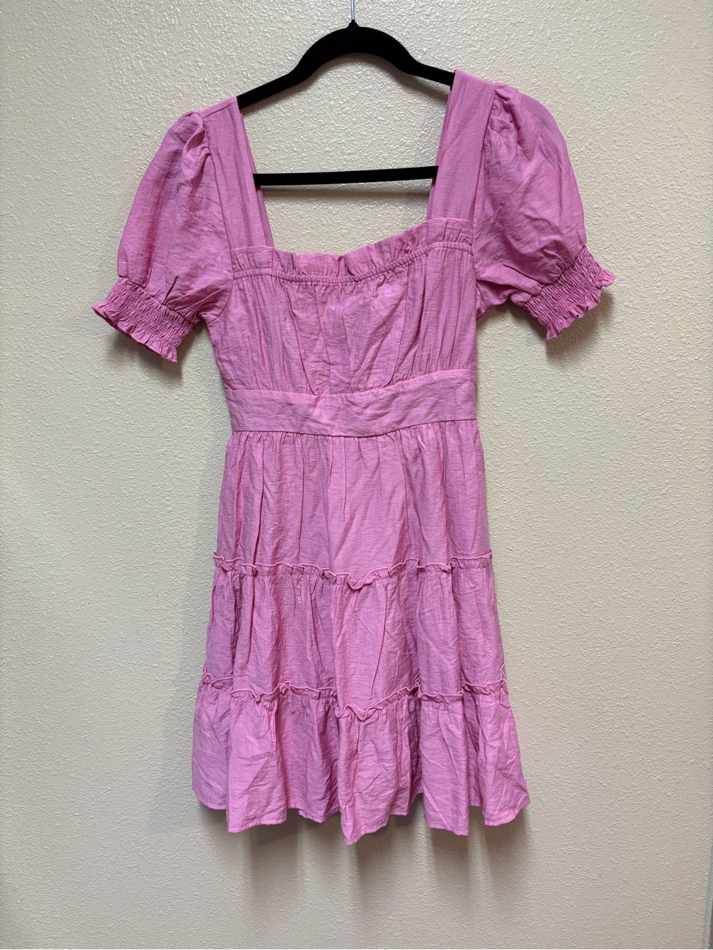 mine Pink Puff Sleeve Tiered Mini Dress